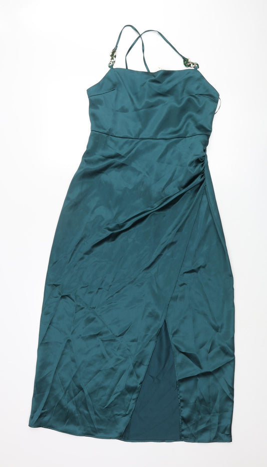 Zara Womens Blue Polyester Slip Dress Size M Square Neck Zip - Rouched Chain Strap