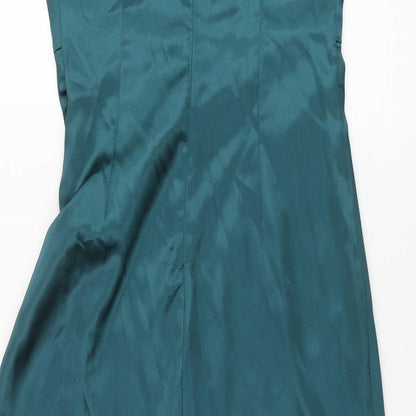 Zara Womens Blue Polyester Slip Dress Size M Square Neck Zip - Rouched Chain Strap
