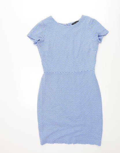 Dorothy Perkins Womens Blue Geometric Polyester Bodycon Size 8 Round Neck Button