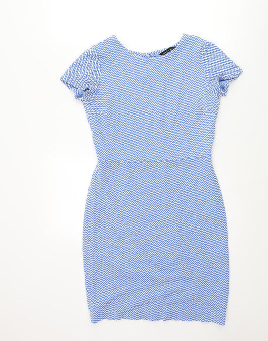 Dorothy Perkins Womens Blue Geometric Polyester Bodycon Size 8 Round Neck Button