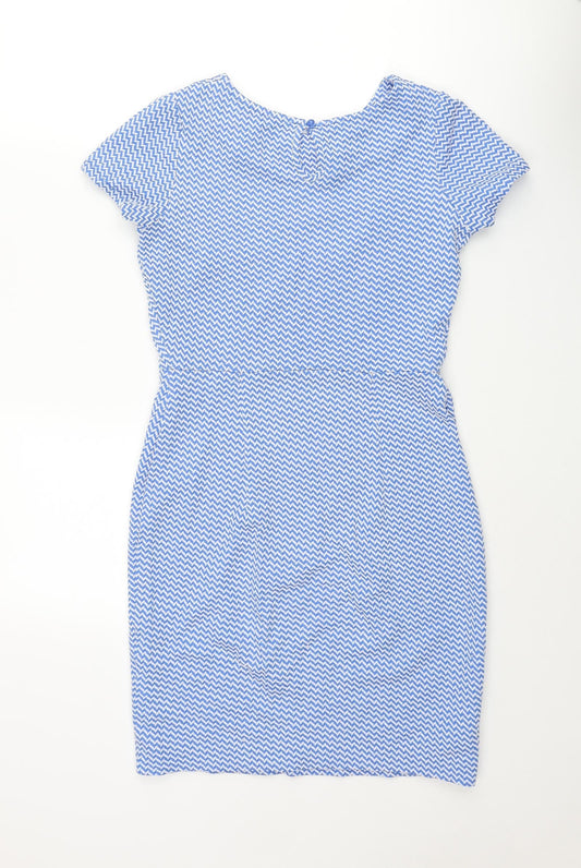 Dorothy Perkins Womens Blue Geometric Polyester Bodycon Size 8 Round Neck Button