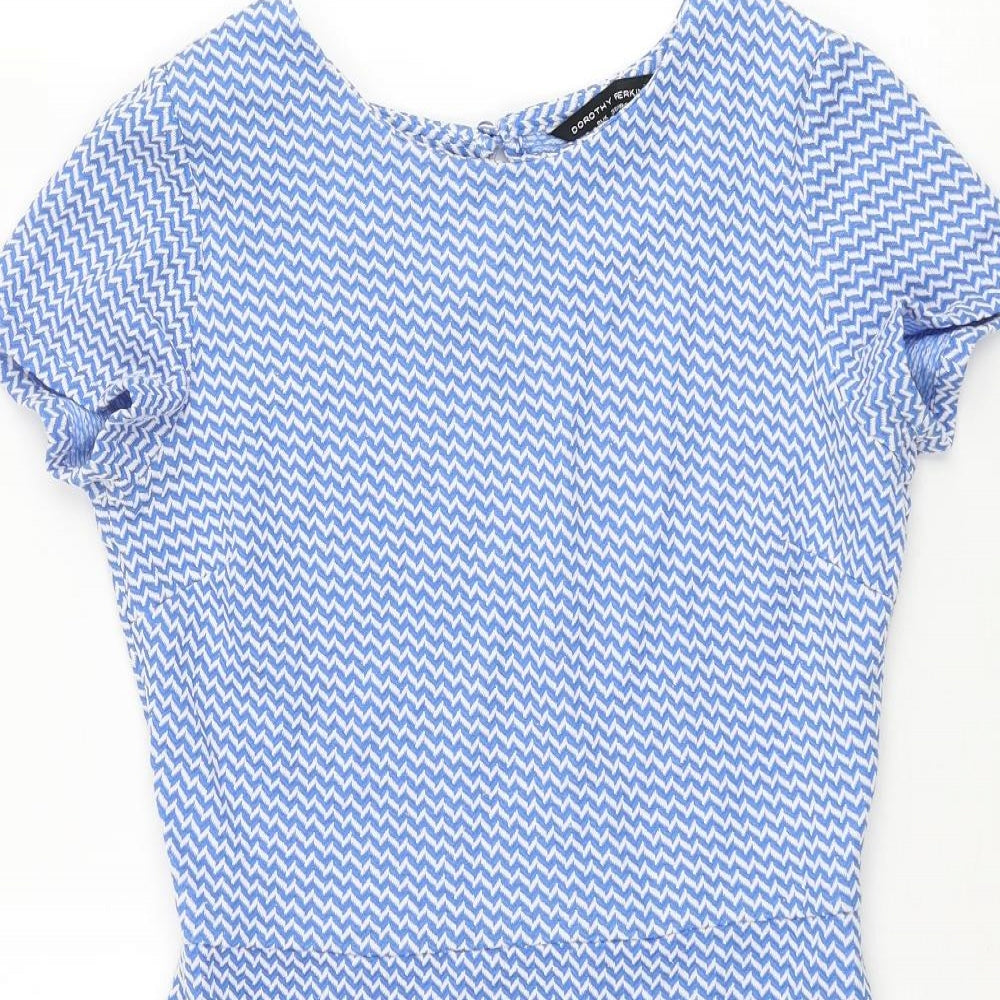 Dorothy Perkins Womens Blue Geometric Polyester Bodycon Size 8 Round Neck Button