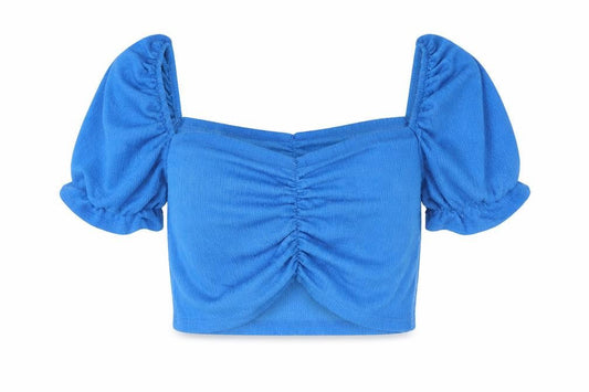 Brooks Womens Blue Polyester Cropped Blouse Size L Square Neck - Rouched