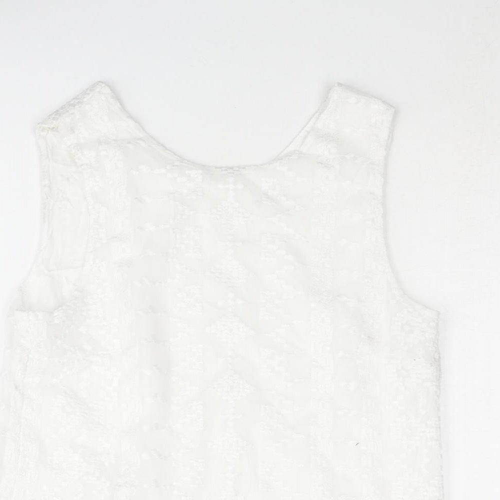 Mnago Womens White Geometric Polyester Camisole Blouse Size S Round Neck - Button Detail