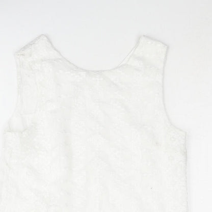 Mnago Womens White Geometric Polyester Camisole Blouse Size S Round Neck - Button Detail