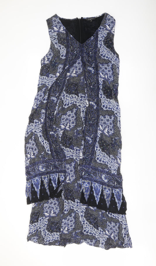 EAST Womens Blue Geometric Polyester Maxi Size 14 V-Neck Zip