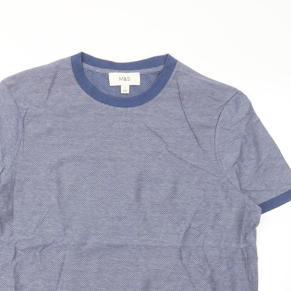 Marks and Spencer Mens Blue Cotton T-Shirt Size L Crew Neck