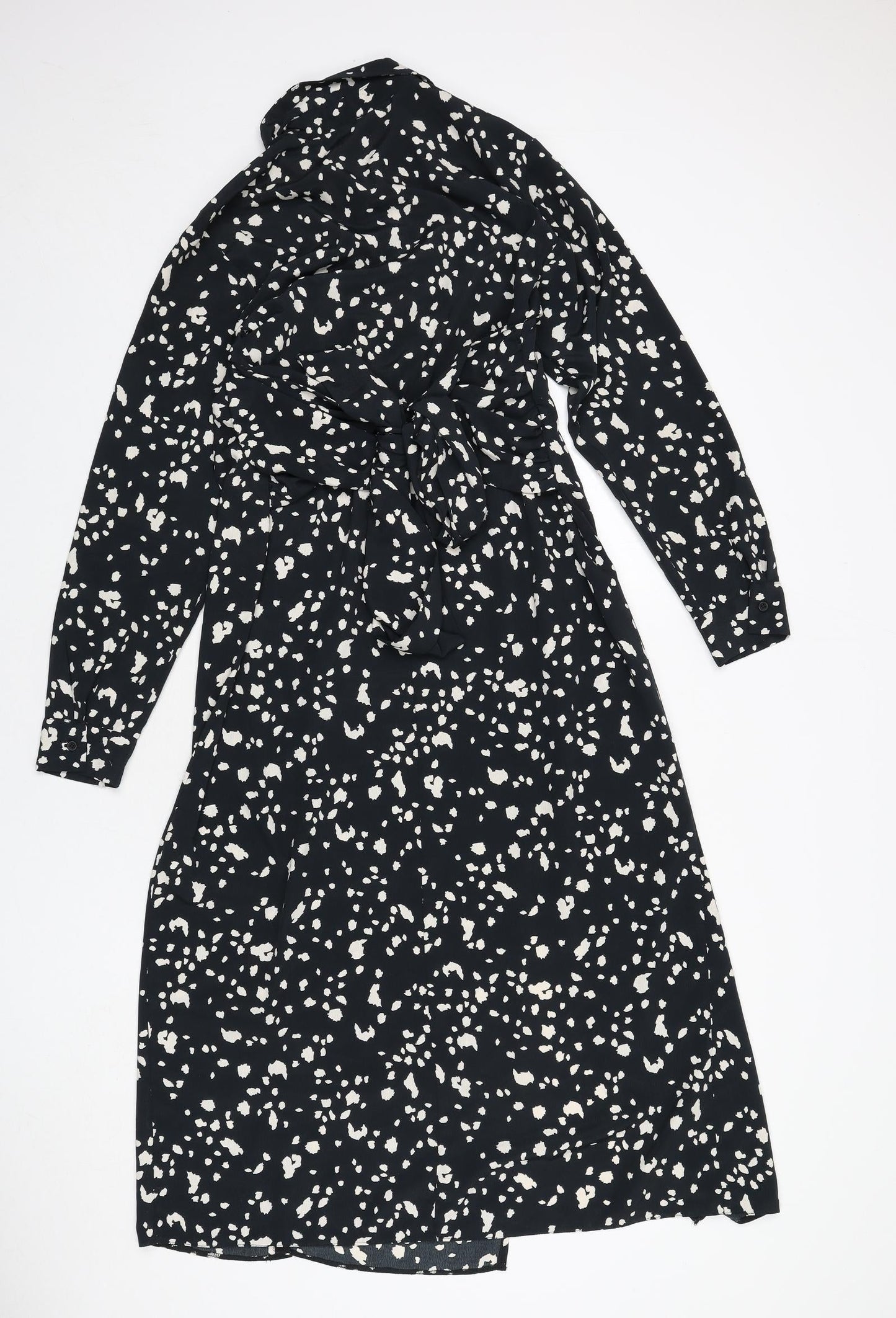 Topshop Womens Black Geometric Polyester A-Line Size 10 Collared Button - Slit, Tie Detail