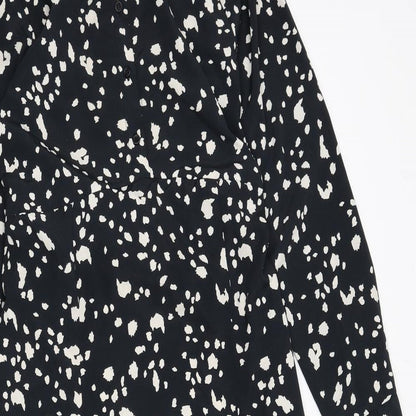 Topshop Womens Black Geometric Polyester A-Line Size 10 Collared Button - Slit, Tie Detail