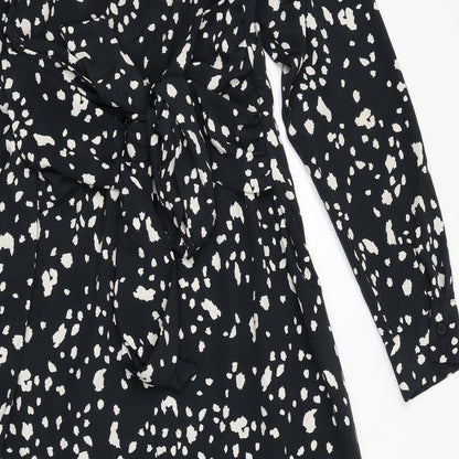 Topshop Womens Black Geometric Polyester A-Line Size 10 Collared Button - Slit, Tie Detail