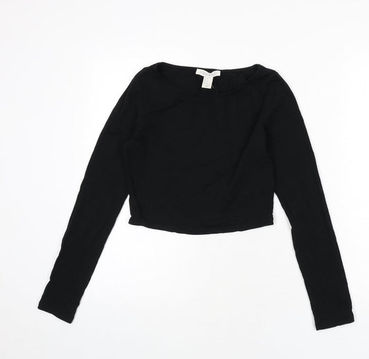 FOREVER 21 Womens Black Cotton Cropped T-Shirt Size S Boat Neck