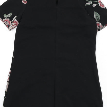 New Look Womens Black Floral Polyester A-Line Size 10 Round Neck Button