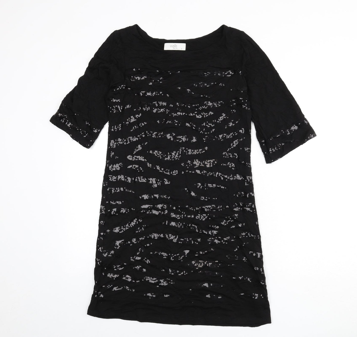 Wallis Womens Black Geometric Viscose Sheath Size 8 Boat Neck Pullover - Sequins