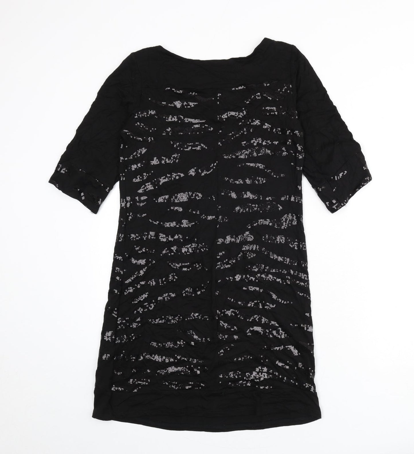 Wallis Womens Black Geometric Viscose Sheath Size 8 Boat Neck Pullover - Sequins