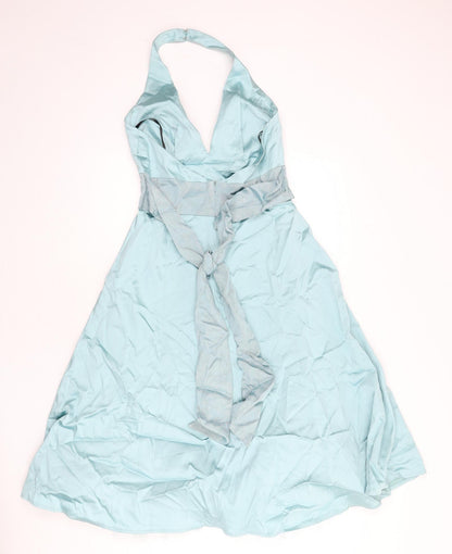 Warehouse Womens Blue Acetate Fit & Flare Size 12 Halter Hook & Eye - Underskirt, Tie Detail