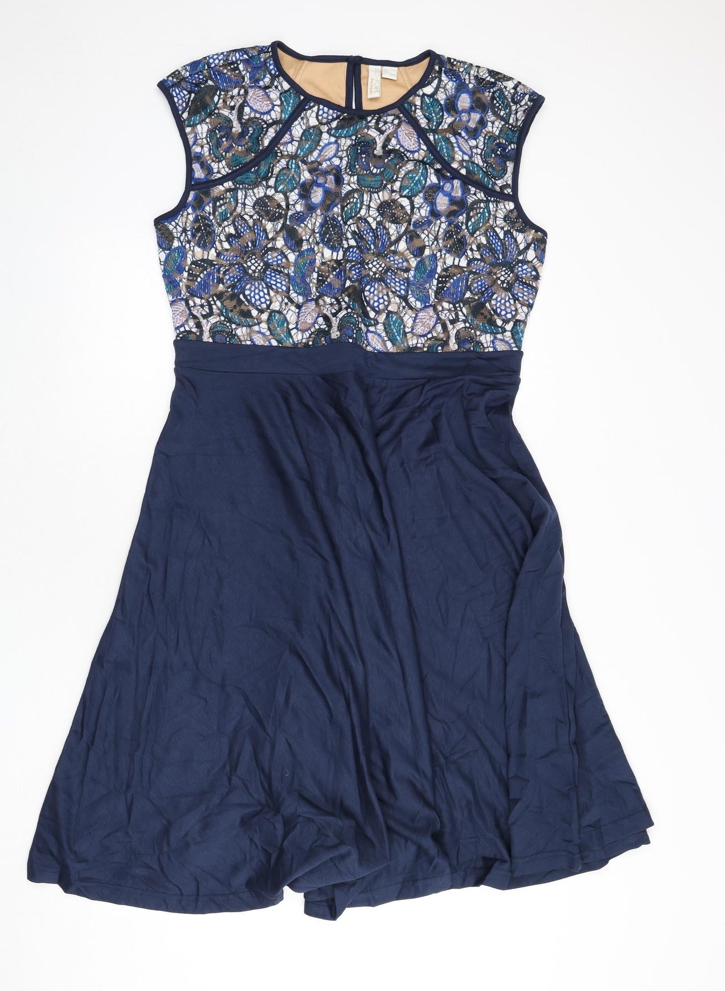 Body Flirt Womens Blue Geometric Viscose Fit & Flare Size L Round Neck Button