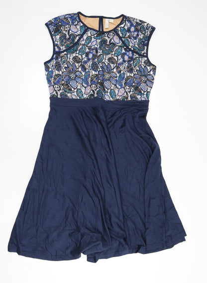 Body Flirt Womens Blue Geometric Viscose Fit & Flare Size L Round Neck Button