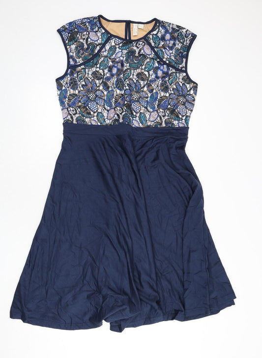 Body Flirt Womens Blue Geometric Viscose Fit & Flare Size L Round Neck Button