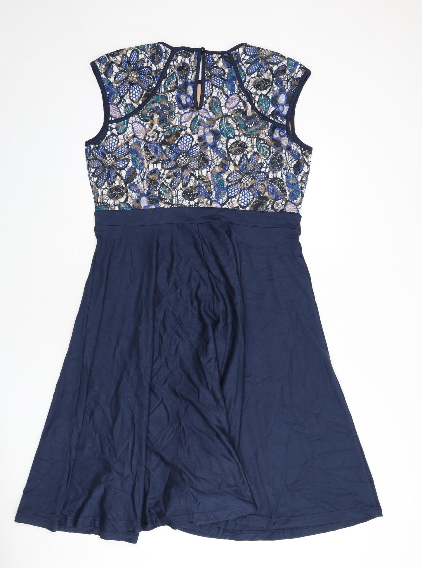 Body Flirt Womens Blue Geometric Viscose Fit & Flare Size L Round Neck Button