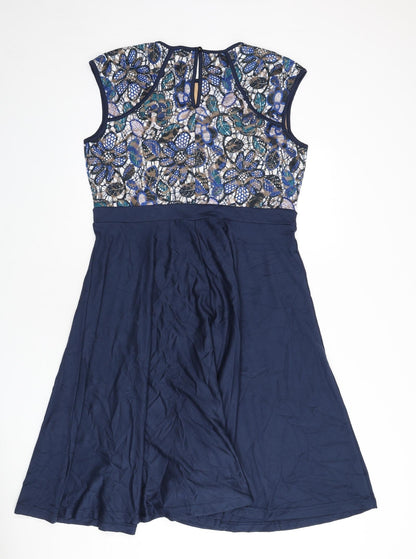 Body Flirt Womens Blue Geometric Viscose Fit & Flare Size L Round Neck Button