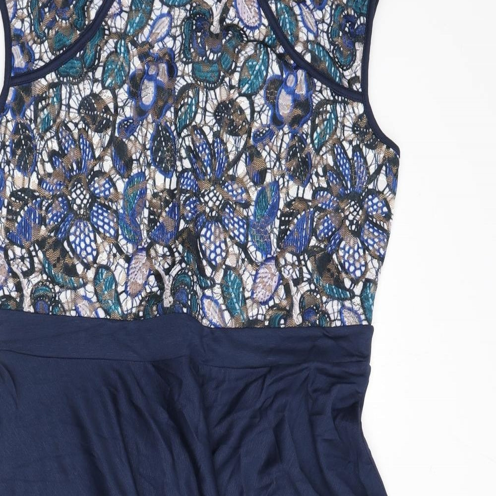 Body Flirt Womens Blue Geometric Viscose Fit & Flare Size L Round Neck Button