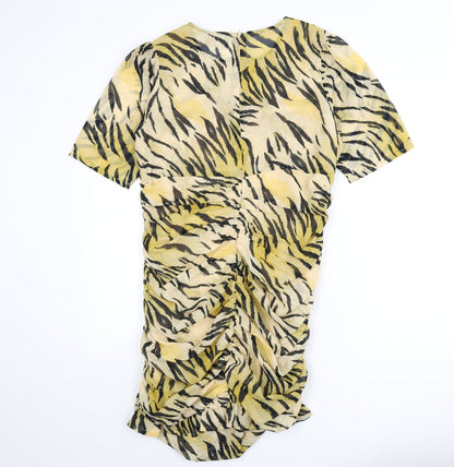 ASOS Womens Multicoloured Animal Print Polyester Bodycon Size 16 Round Neck Zip - Tiger Print, Ruched Sides