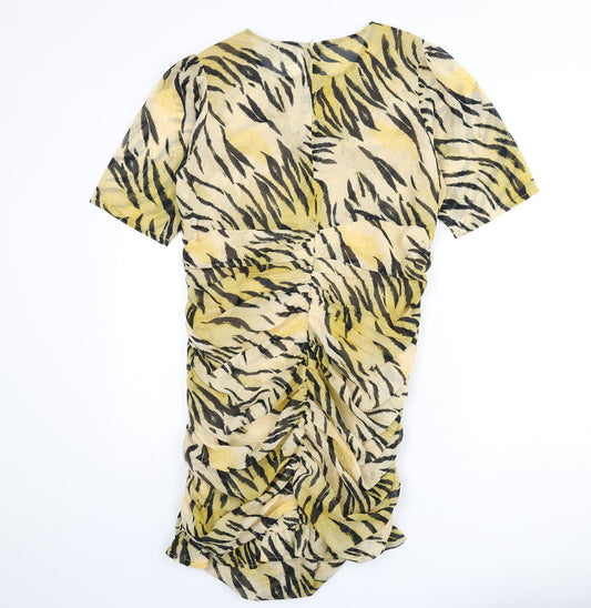ASOS Womens Multicoloured Animal Print Polyester Bodycon Size 16 Round Neck Zip - Tiger Print, Ruched Sides