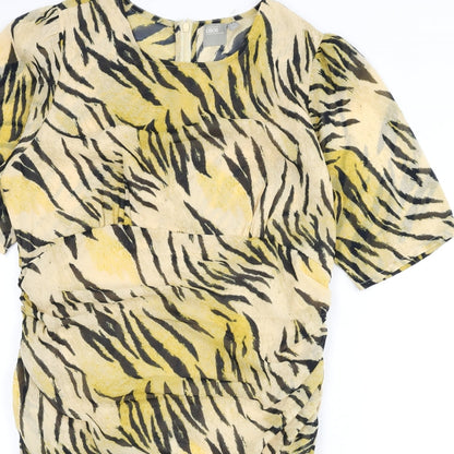 ASOS Womens Multicoloured Animal Print Polyester Bodycon Size 16 Round Neck Zip - Tiger Print, Ruched Sides