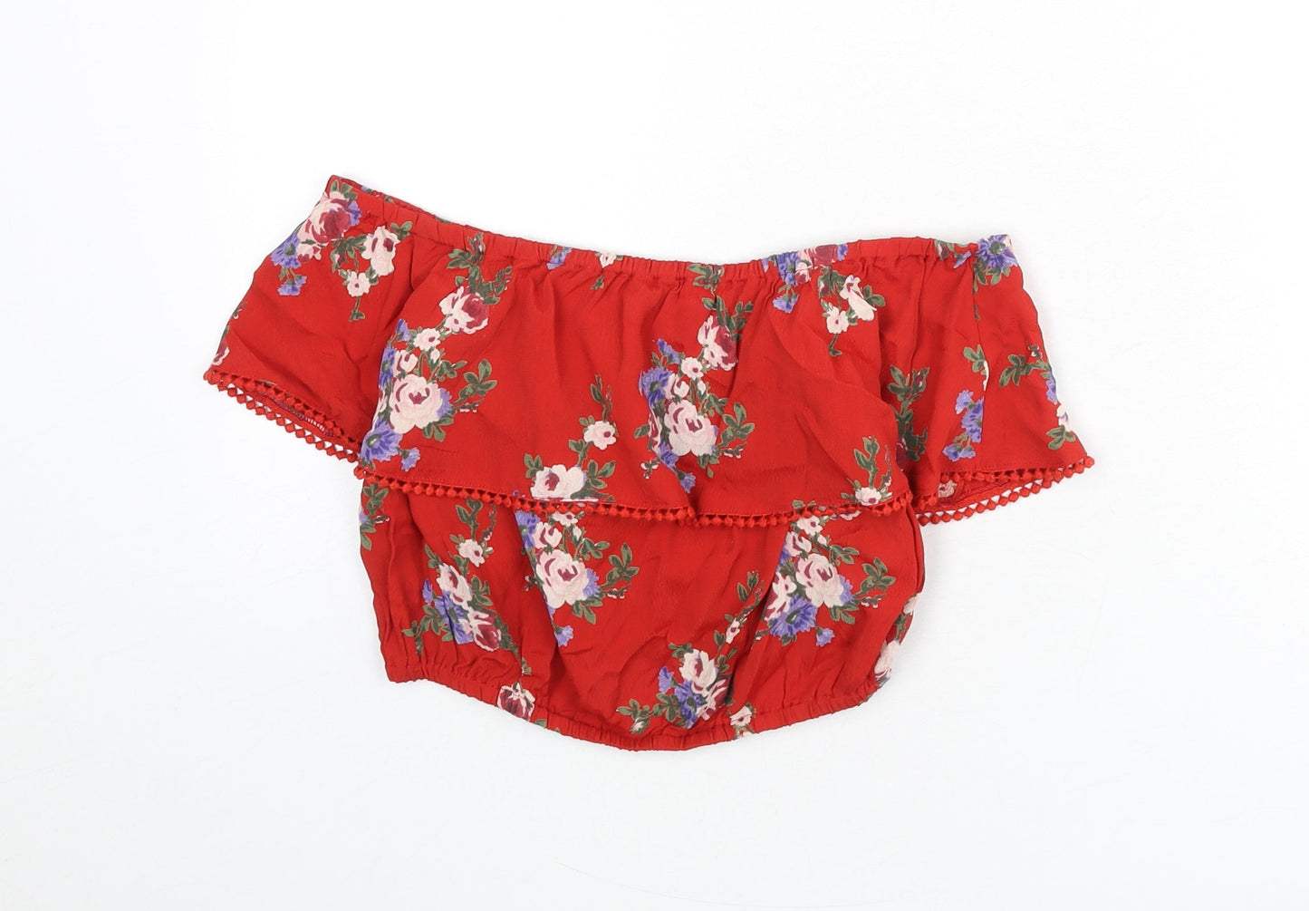 Miss Selfridge Womens Red Floral Viscose Cropped Blouse Size 8 Off the Shoulder - Bardot