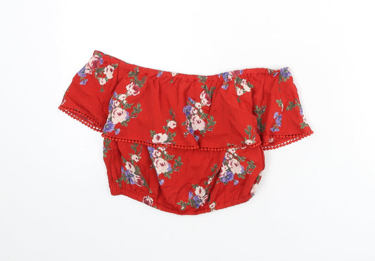 Miss Selfridge Womens Red Floral Viscose Cropped Blouse Size 8 Off the Shoulder - Bardot