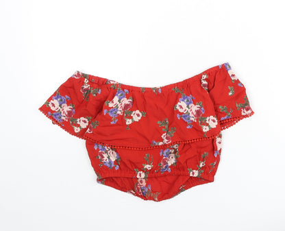 Miss Selfridge Womens Red Floral Viscose Cropped Blouse Size 8 Off the Shoulder - Bardot