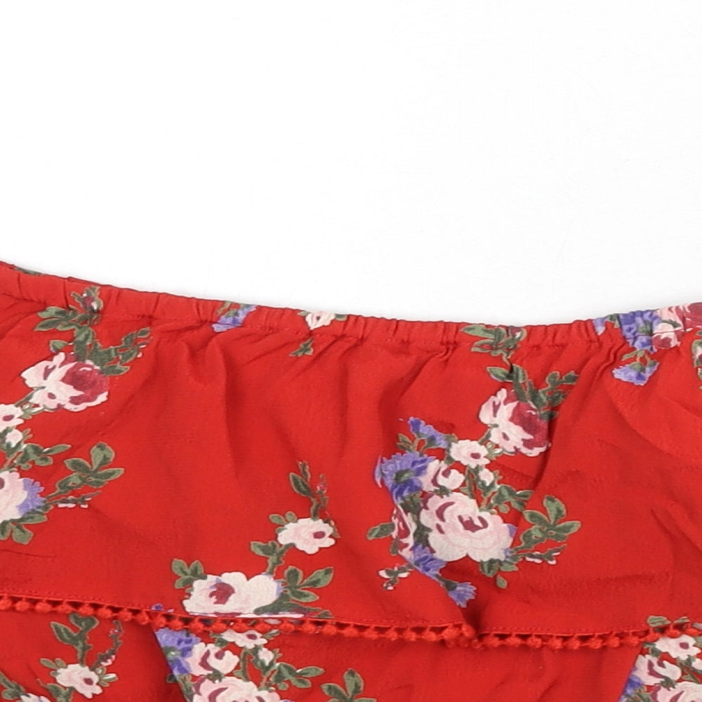 Miss Selfridge Womens Red Floral Viscose Cropped Blouse Size 8 Off the Shoulder - Bardot