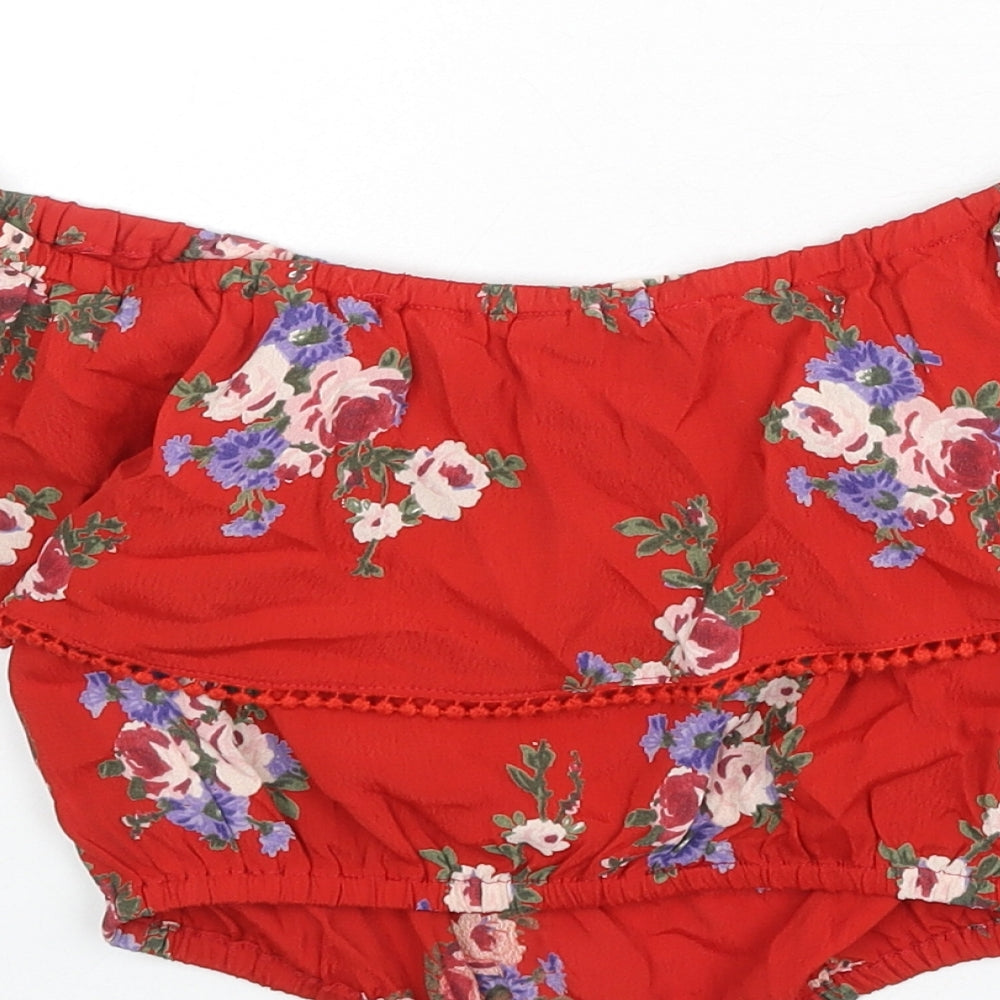 Miss Selfridge Womens Red Floral Viscose Cropped Blouse Size 8 Off the Shoulder - Bardot