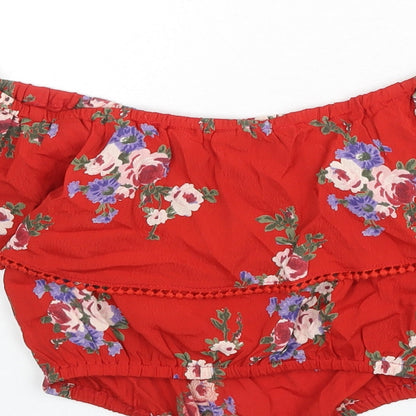 Miss Selfridge Womens Red Floral Viscose Cropped Blouse Size 8 Off the Shoulder - Bardot