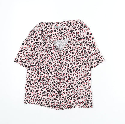 Oliver Bonas Womens Pink Animal Print Viscose Basic Button-Up Size 8 V-Neck - Leopard Print