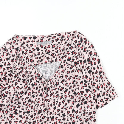Oliver Bonas Womens Pink Animal Print Viscose Basic Button-Up Size 8 V-Neck - Leopard Print
