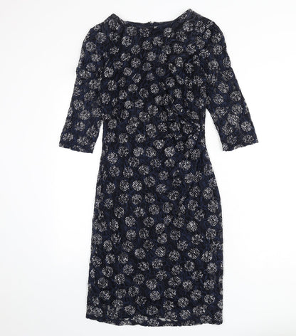 Phase Eight Womens Blue Geometric Polyester Pencil Dress Size 8 Boat Neck Zip - Lace Overlay