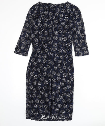 Phase Eight Womens Blue Geometric Polyester Pencil Dress Size 8 Boat Neck Zip - Lace Overlay