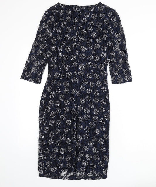 Phase Eight Womens Blue Geometric Polyester Pencil Dress Size 8 Boat Neck Zip - Lace Overlay