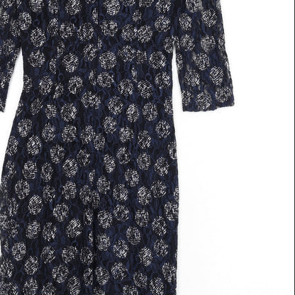 Phase Eight Womens Blue Geometric Polyester Pencil Dress Size 8 Boat Neck Zip - Lace Overlay