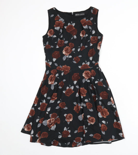 Mela London Womens Black Floral Viscose Fit & Flare Size 8 Round Neck Zip