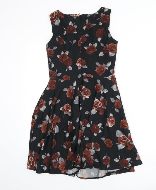 Mela London Womens Black Floral Viscose Fit & Flare Size 8 Round Neck Zip