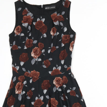 Mela London Womens Black Floral Viscose Fit & Flare Size 8 Round Neck Zip