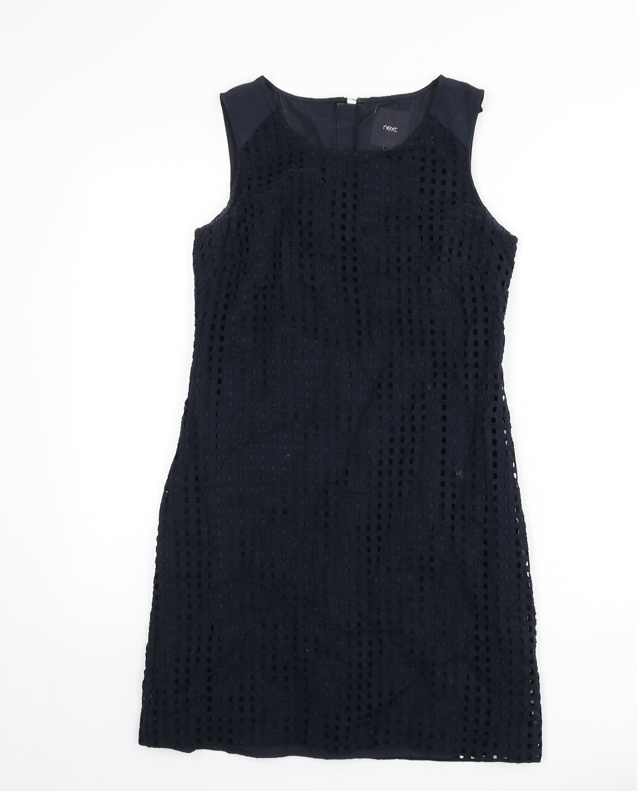 NEXT Womens Blue Geometric Cotton Pencil Dress Size 8 Round Neck Zip - Cut Out Squares