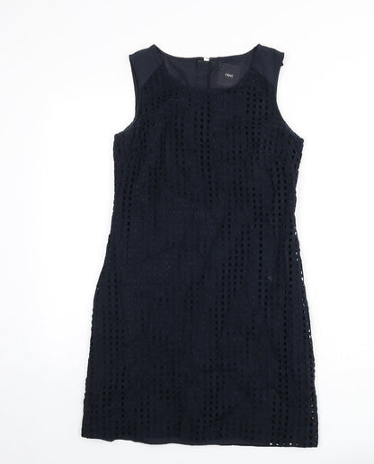 NEXT Womens Blue Geometric Cotton Pencil Dress Size 8 Round Neck Zip - Cut Out Squares