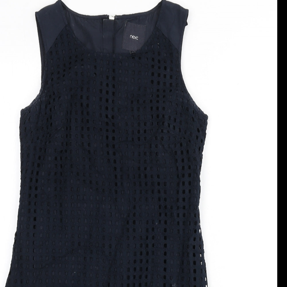 NEXT Womens Blue Geometric Cotton Pencil Dress Size 8 Round Neck Zip - Cut Out Squares