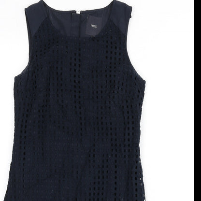 NEXT Womens Blue Geometric Cotton Pencil Dress Size 8 Round Neck Zip - Cut Out Squares