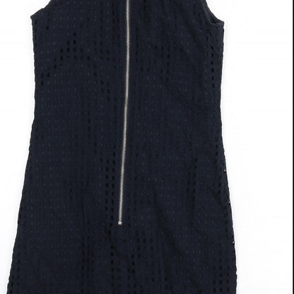 NEXT Womens Blue Geometric Cotton Pencil Dress Size 8 Round Neck Zip - Cut Out Squares