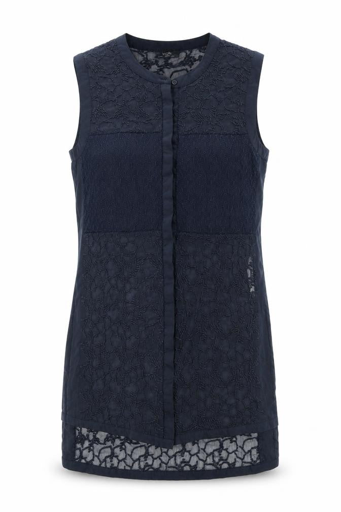 Front view of Wallis women’s blue geometric polyester tunic blouse, size UK 10, round neck - embroidered detail