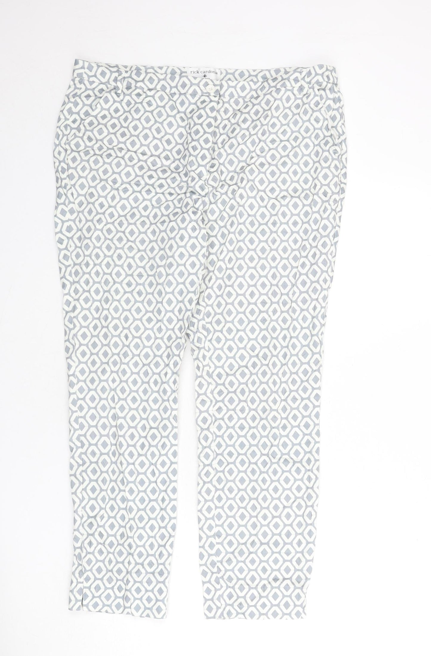 Rick Cardona Womens Blue Geometric Cotton Trousers Size 20 L27 in Regular Zip